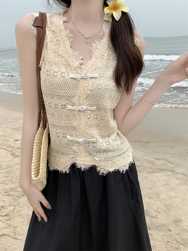 國風蕾絲拼接v領馬甲背心女2024新款氣質無袖盤扣小衫上衣實拍