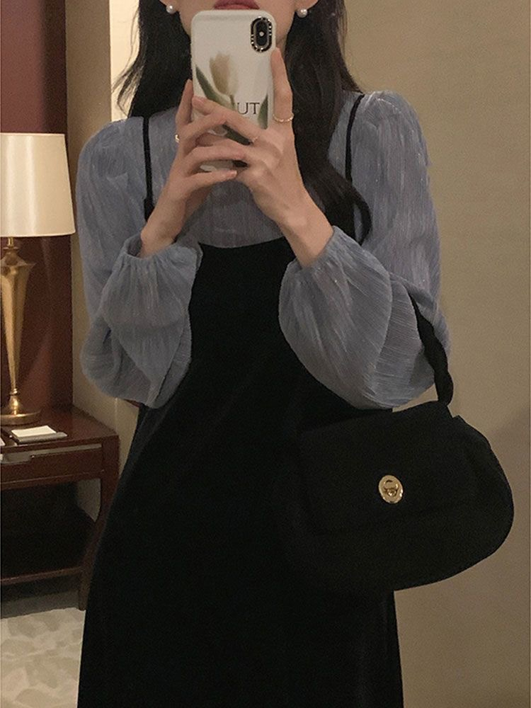 2024春秋新款連衣裙子女兩件套裝溫柔氣質洋氣圓領內搭上衣吊帶裙
