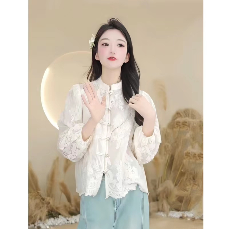 新中式國風白色蕾絲盤扣長袖襯衫女士春季2024設計感小眾立領上衣