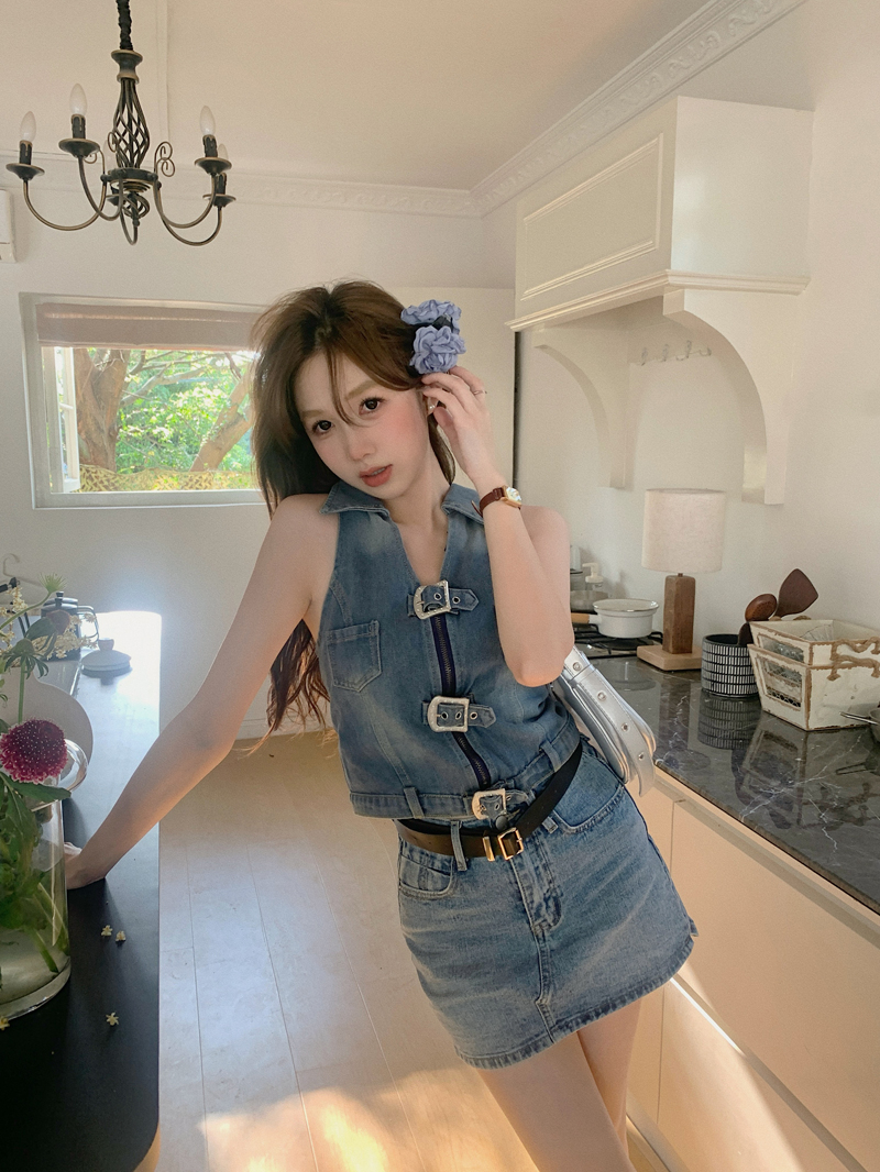 實拍復古千禧辣妹牛仔掛脖背心女夏季小眾設計感無袖上衣ins
