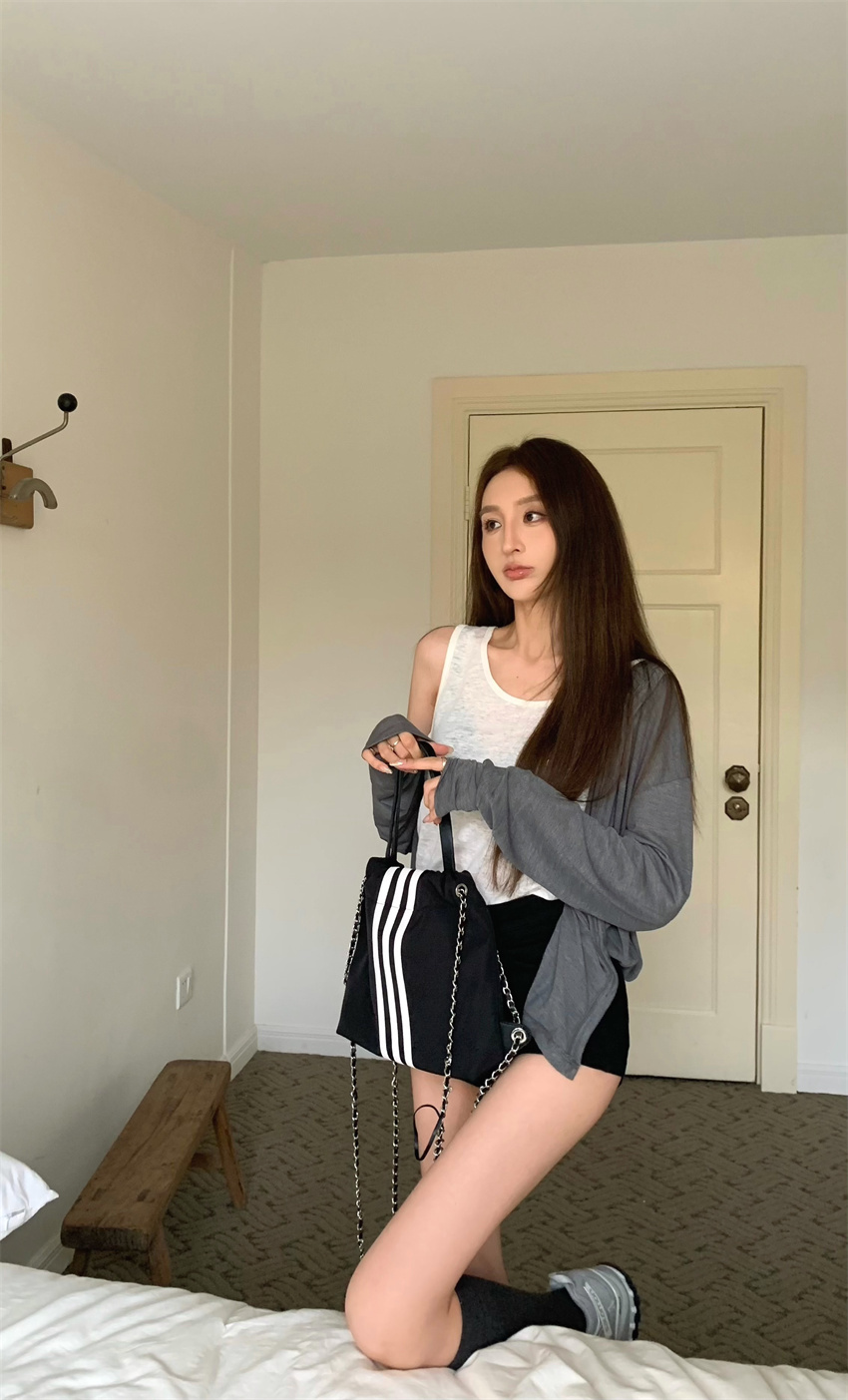 實拍  美式復古休閒氣質寬鬆開衫背心套裝