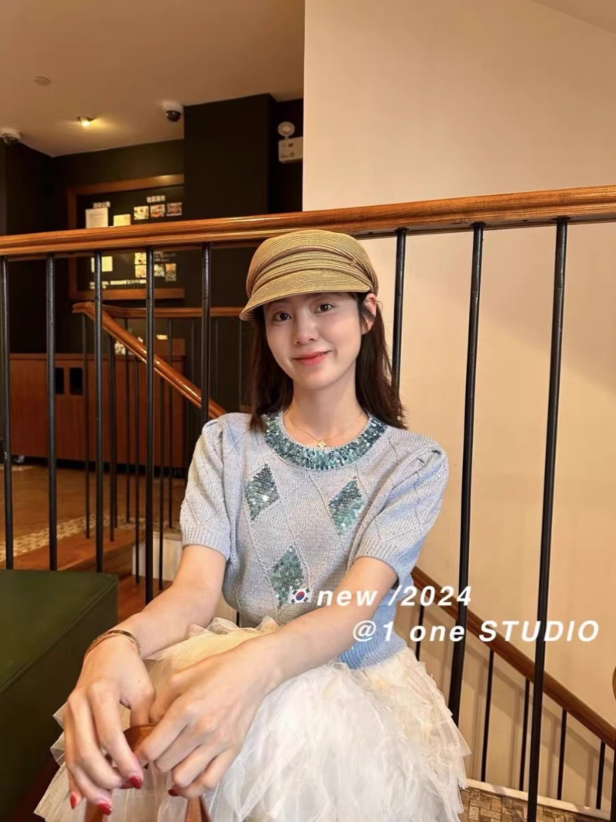 韓系甜美圓領亮片閃閃菱格短袖針織衫女夏季減齡短款收腰冰絲t恤