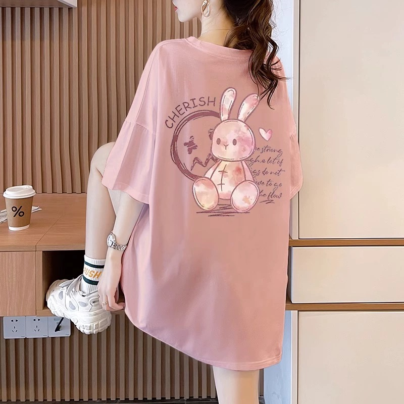 大碼胖mm純棉短袖t恤女2024新款寬鬆顯瘦中長款夏季粉色體恤上衣