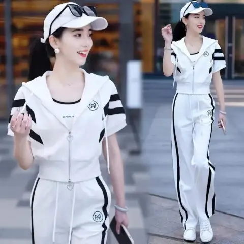 時尚休閒套裝女2024年夏季新款寬鬆減齡洋氣運動服闊腿褲兩件套