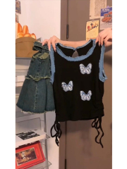 美式蝴蝶牛仔貼布抽繩綁帶背心女夏季新款甜酷辣妹顯瘦短款上衣服