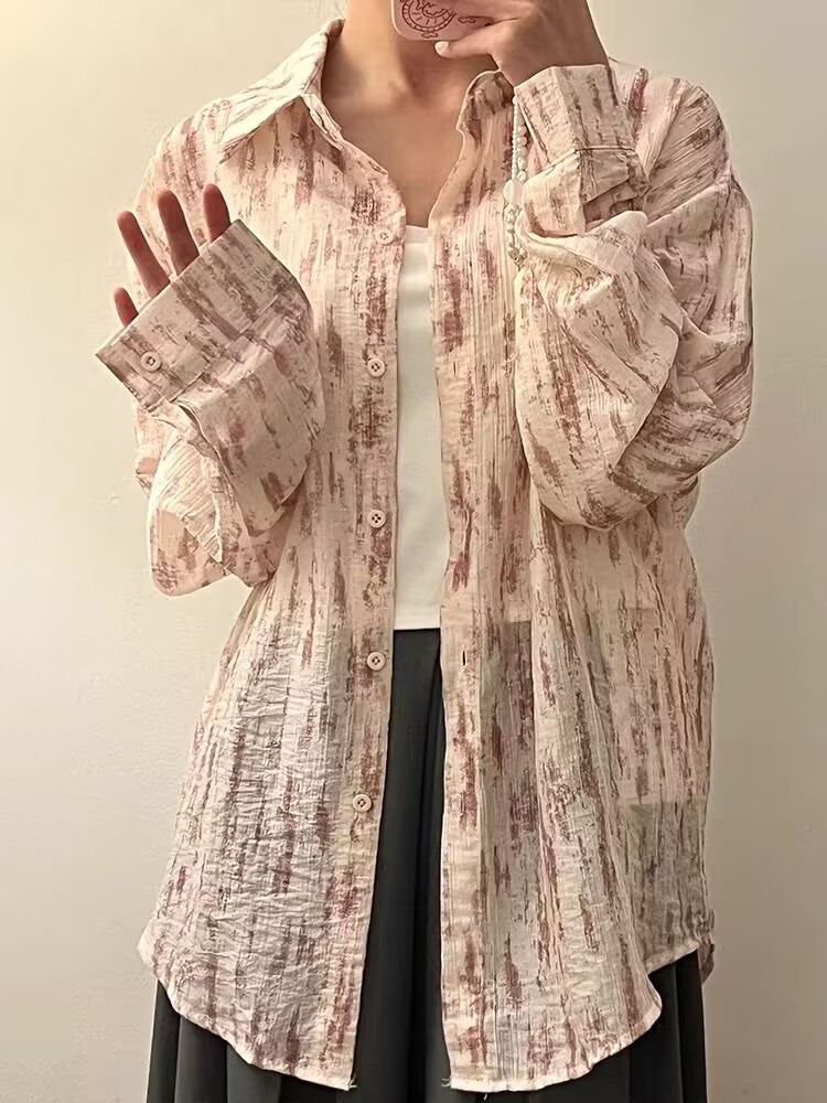 韓版翻領長袖襯衫女2024春夏新款ins超火寬鬆顯瘦百搭防曬衫上衣