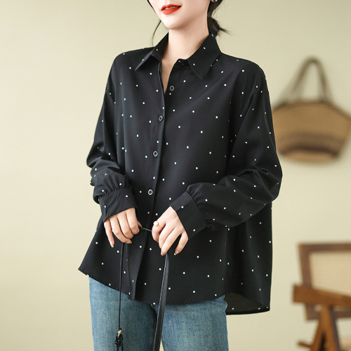 Actual shot of spring clothing plus size women's Korean chic Hepburn style lapel contrasting color polka dot loose versatile long-sleeved shirt