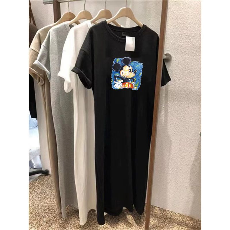 仿棉牛奶絲#過膝長款短袖t恤裙女夏季新款大碼寬鬆胖MM遮肚子顯瘦
