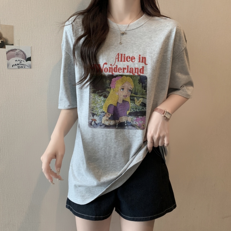實拍 100%棉精梳純棉 印花夏裝短袖T恤女寬鬆韓版