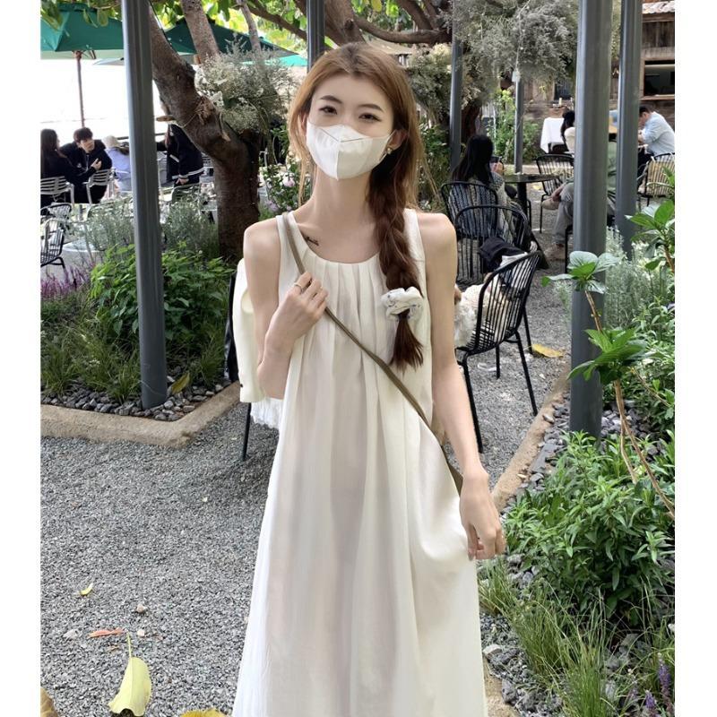 連衣裙子女夏季韓版高級感顯白度假純色無袖中長款收腰顯瘦背心裙