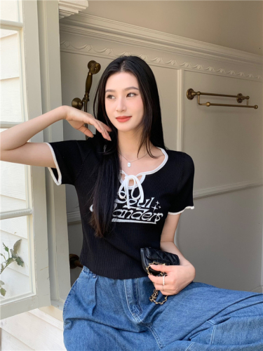 Real shot Korean style round neck lace-up letter printed short-sleeved knitted T-shirt top for women