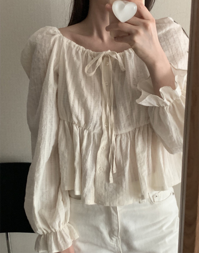 韩国ins春日气质单排扣肌理感方领系带长袖衬衫女衬衣