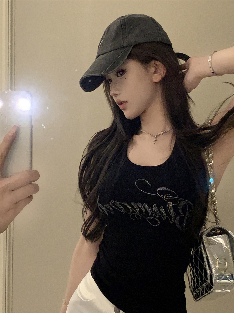 實拍復古性感辣妹閃鑽緊身顯瘦百搭休閒外穿背心上衣女