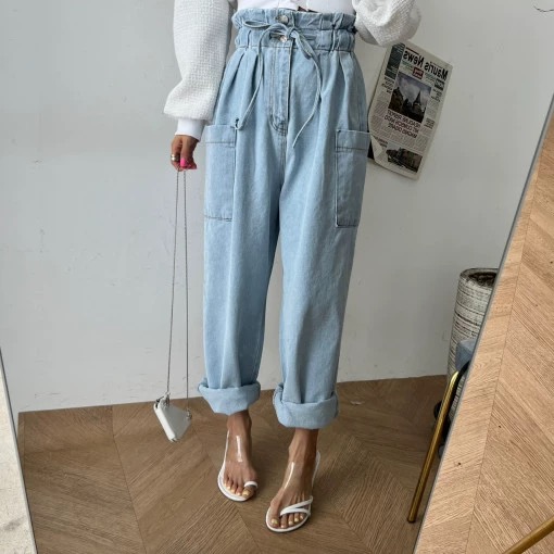 Summer Korean style bud elastic strap high waist jeans