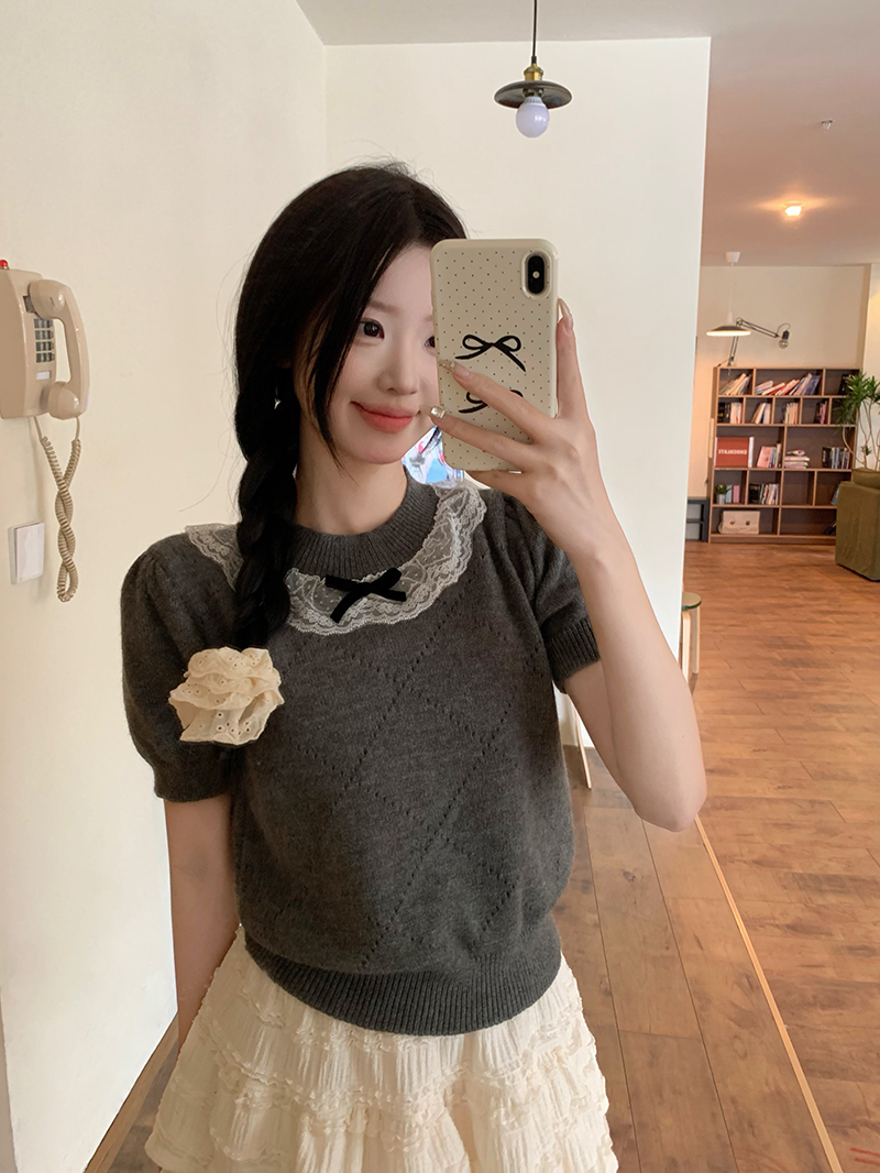 法式泡泡袖蕾絲套頭毛衣女設計感小眾甜美上衣針織衫ins