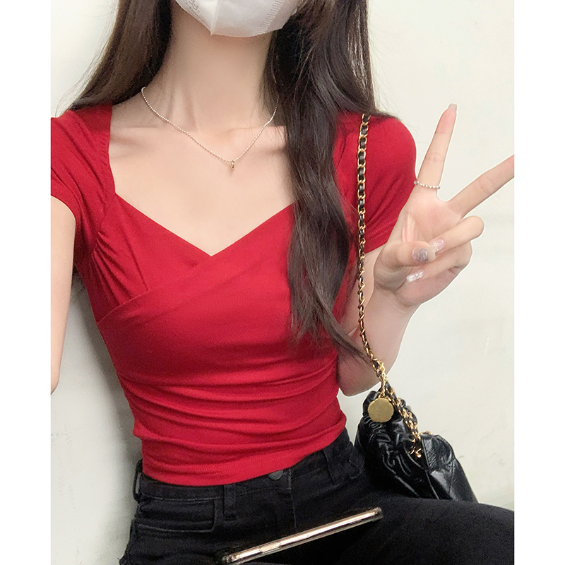 實拍美式v領紅色一字肩短袖t恤女夏季修身純欲風交叉短款上衣