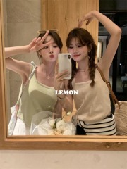 the lemon韓系ins風簡約百搭純色方領修身背心女內搭外穿無袖上衣