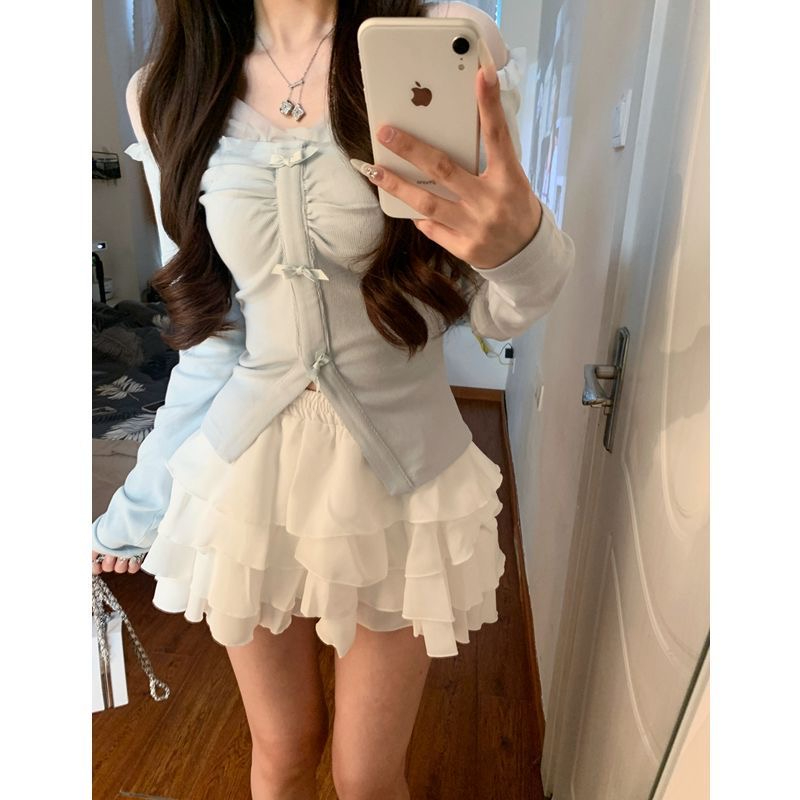 套裝女2024春夏新款甜美設計感拼接長袖T恤高腰顯瘦蛋糕半身裙ins