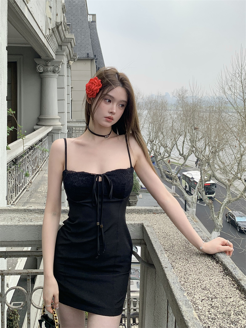 實拍 蕾絲拼接吊帶裙蝴蝶結度假風設計感甜美連衣裙