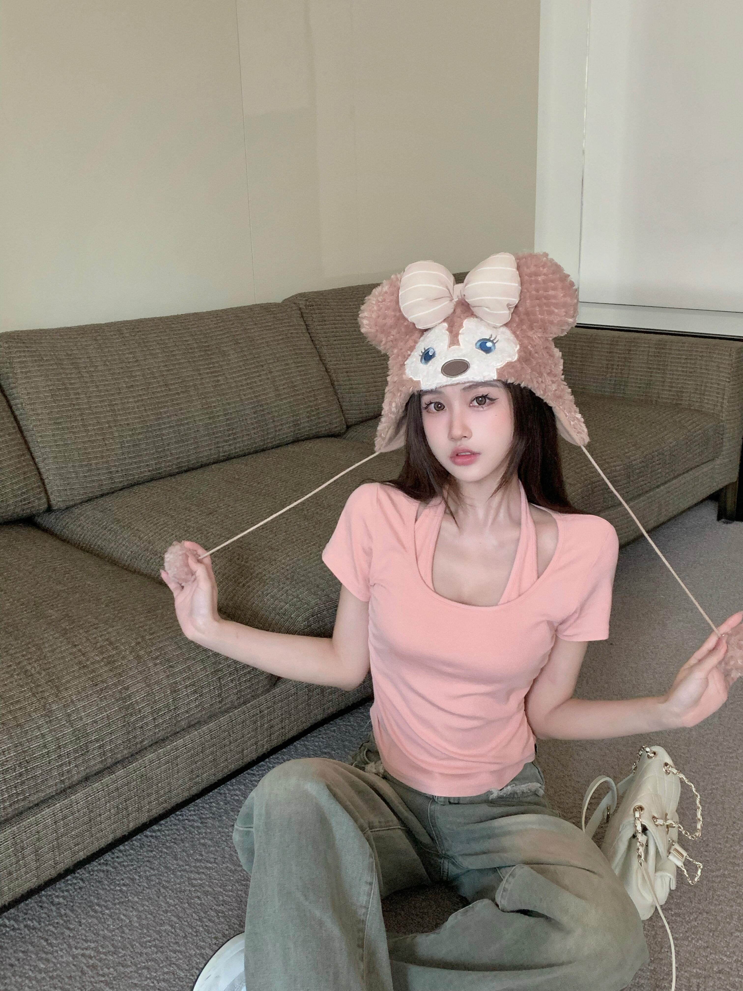 實拍 假兩件不規則設計感修身掛脖短袖上衣