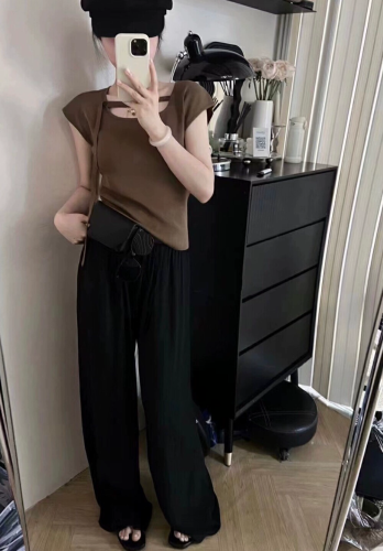十三行斜领短袖针织T恤女夏季新款韩版百搭修身显瘦简约纯色上衣