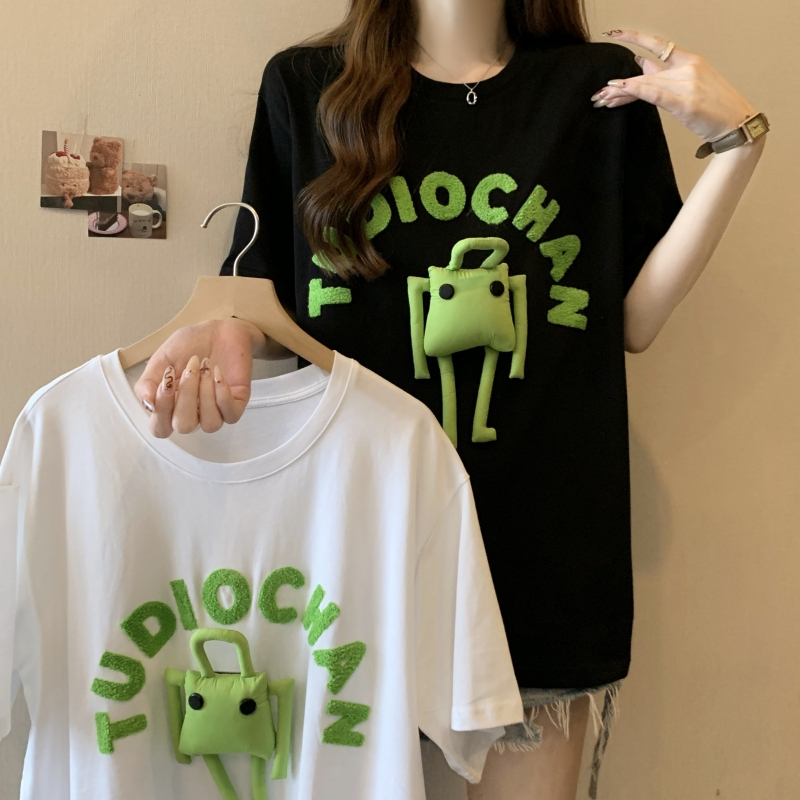 已出貨實拍  32支雙紗 2024夏裝純棉 毛巾繡公仔短袖T恤女寬鬆
