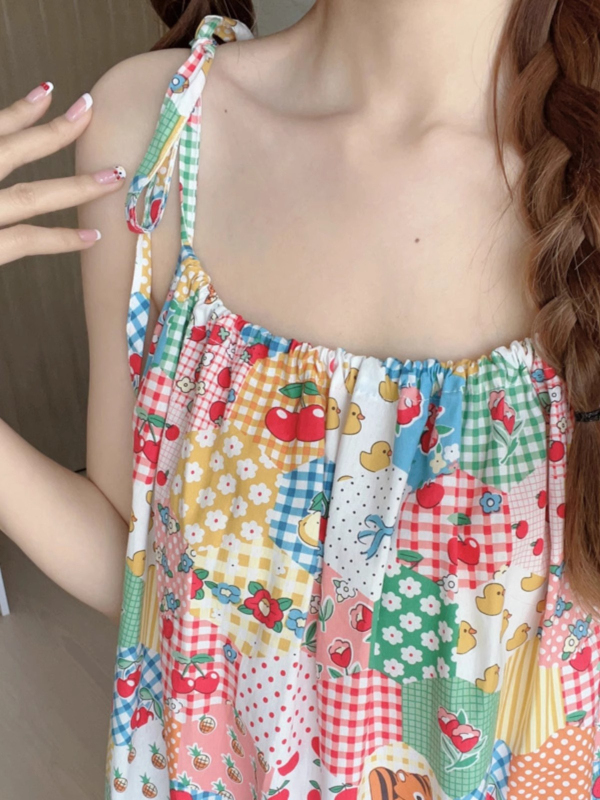 kumikumi甜美減齡印花吊帶連衣裙女夏季蕾絲花邊拼接寬鬆中長裙子