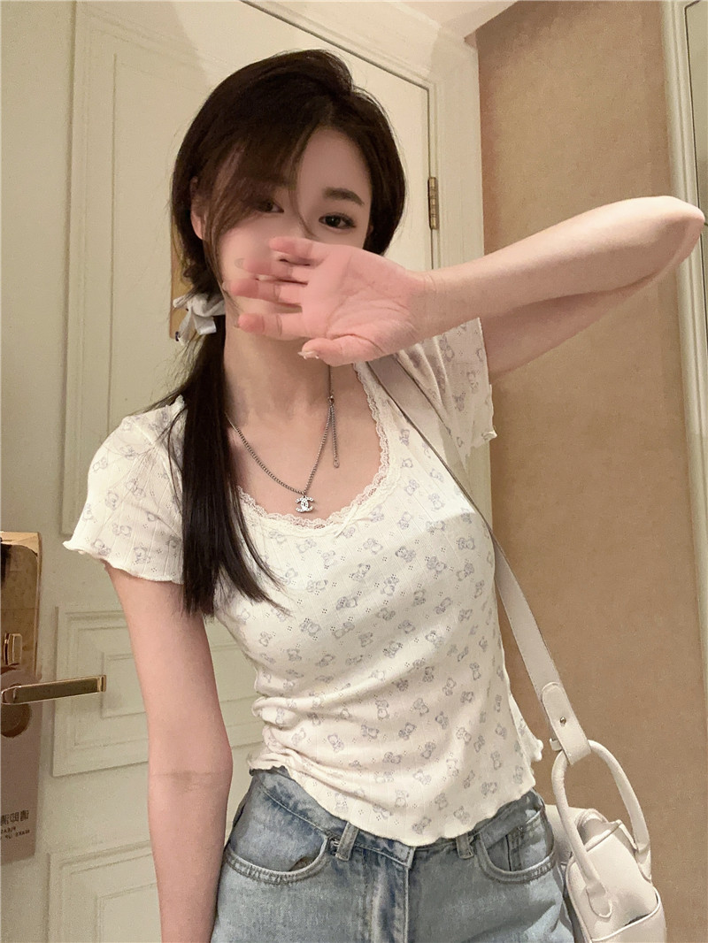 實拍~純欲蕾絲花邊碎花短袖T恤夏季2024新款少女修身短款上衣