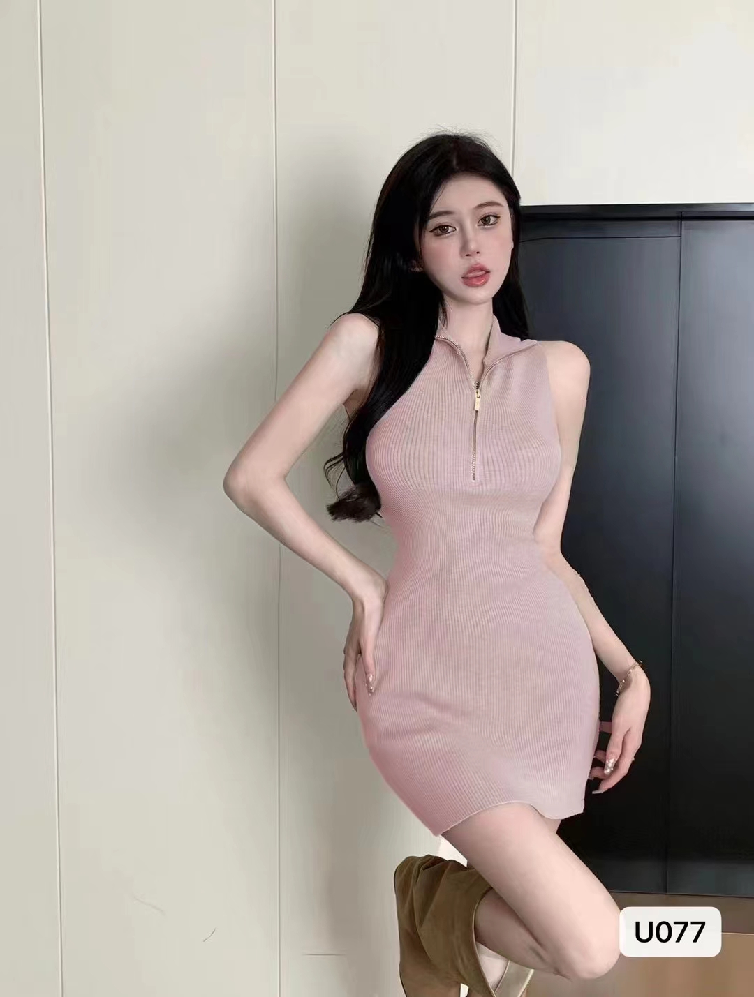 針織大碼女裝性感拉鏈半開胸坑條顯瘦連衣裙