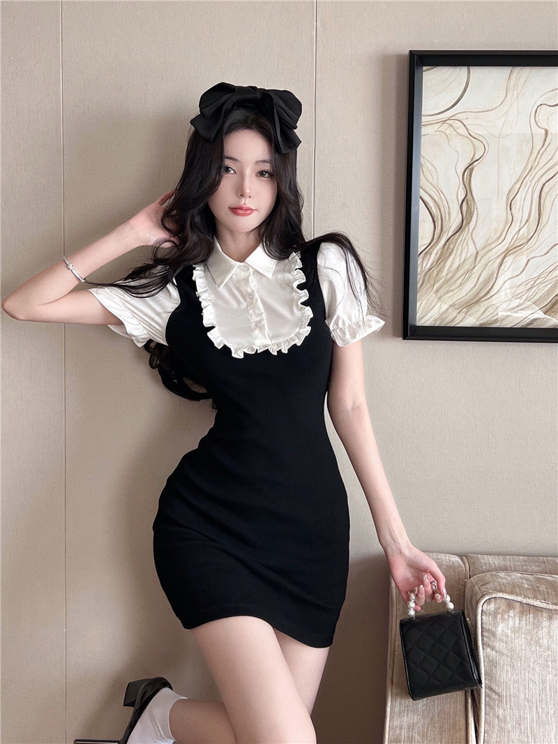 韓國 夏季新款假兩件短袖襯衫拼接連衣裙女設計感收腰短裙包臀裙