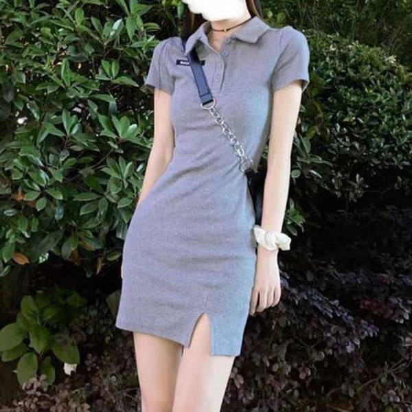 夏季polo領連衣裙女夏新款性感開衩包臀裙顯瘦收腰短裙溫柔裙子