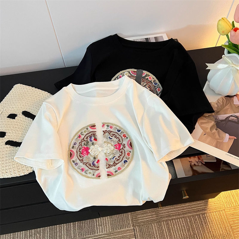 刺繡+中國扣 短款中國風立體繡花短袖T恤 純棉包肩領