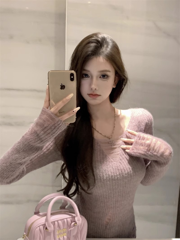 純欲辣妹性感v領上衣女秋冬不規則針織打底衫內搭疏離感穿搭毛衣