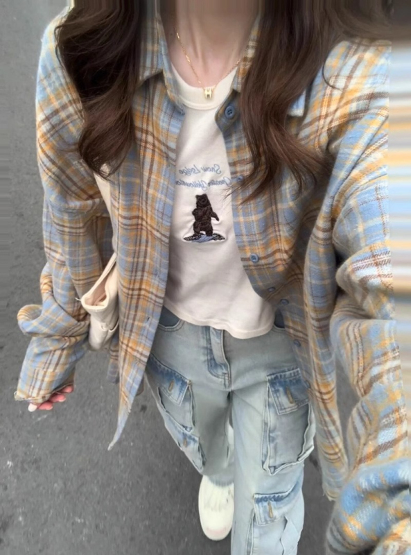 原版布料復古格子設計感港風chic寬鬆慵懶長袖襯衫女
