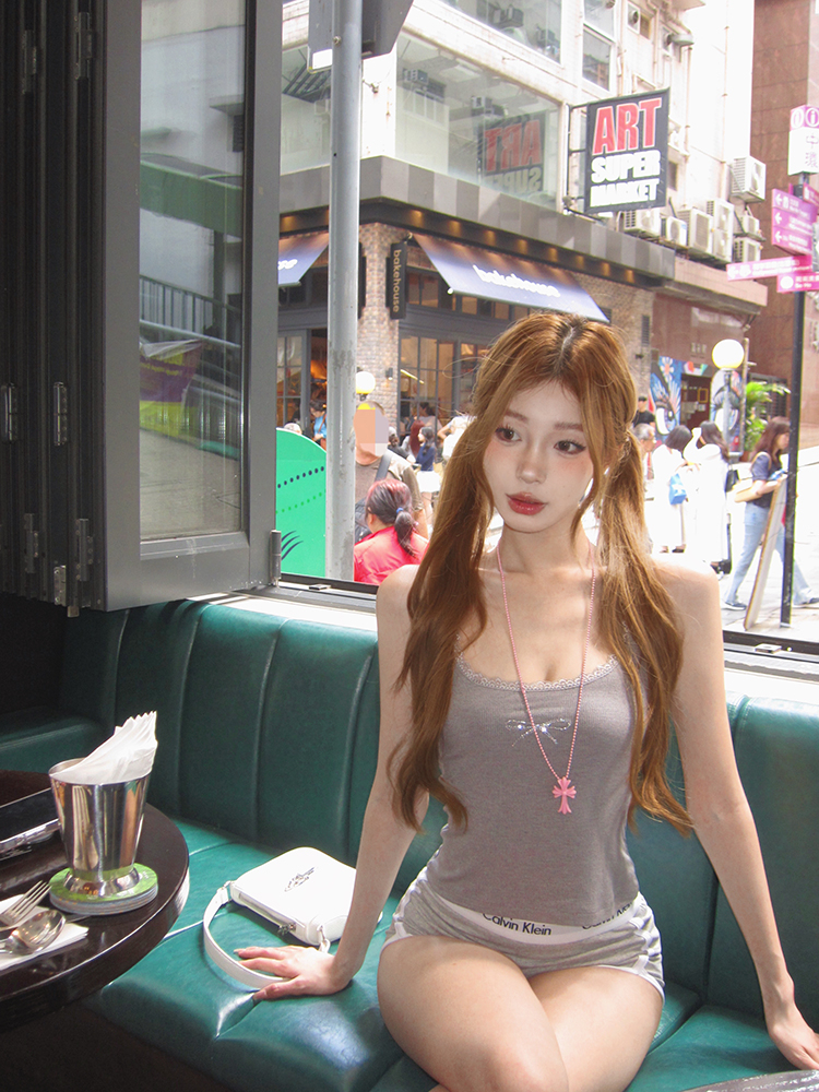 莫代爾 蕾絲花邊燙鑽吊帶背心女夏短款小眾清純上衣外穿