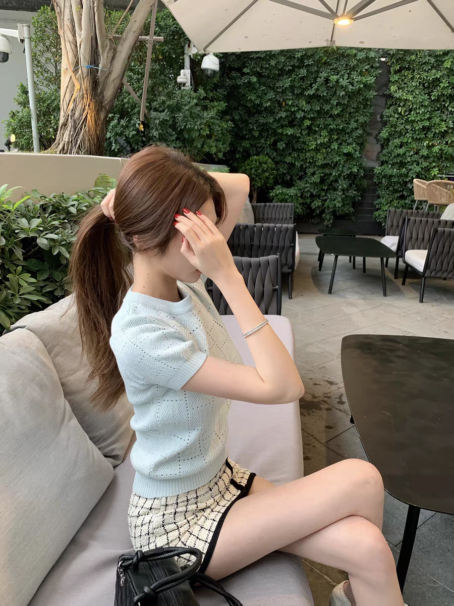 Wuuus馬賽假日鏤空毛針織衫上衣女早春薄款短袖修身T恤高級感