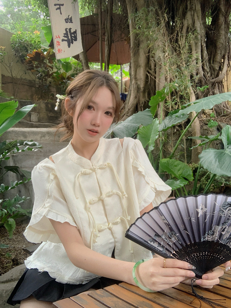 實拍新款國風設計感短袖襯衣新款小眾別致溫柔氣質上衣