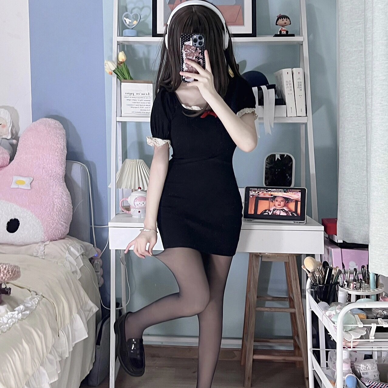 蕾絲花邊圓領短袖連衣裙女甜辣妹性感收腰包臀裙緊身一步短裙子