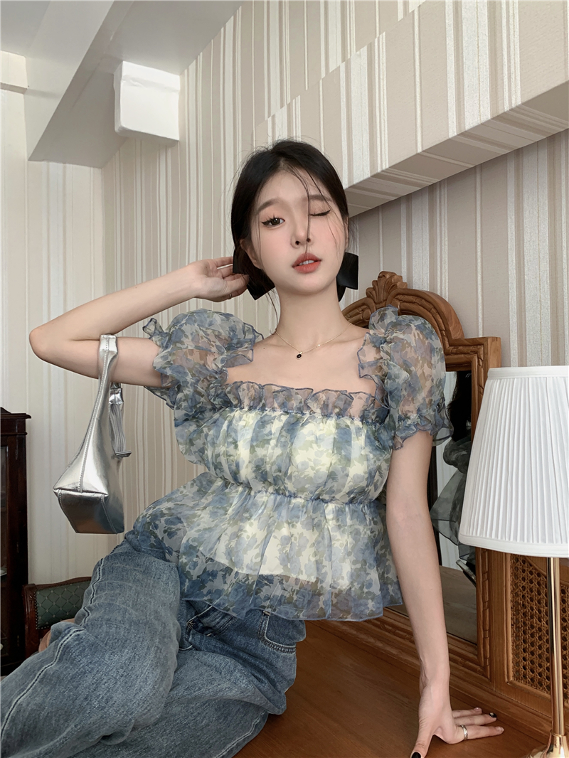實拍 新款  韓系少女甜美一字肩泡泡袖網紗短款上衣女