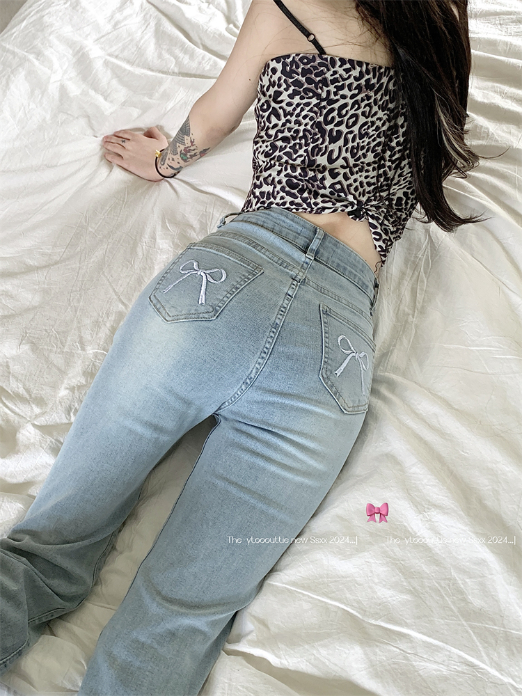 實拍 ~美式辣妹蝴蝶結刺繡牛仔褲女高腰修身顯瘦微喇叭長褲