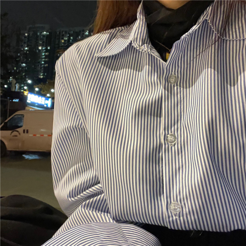 蓝色条纹衬衫叠穿衬衣长袖春季设计感小众打底衫