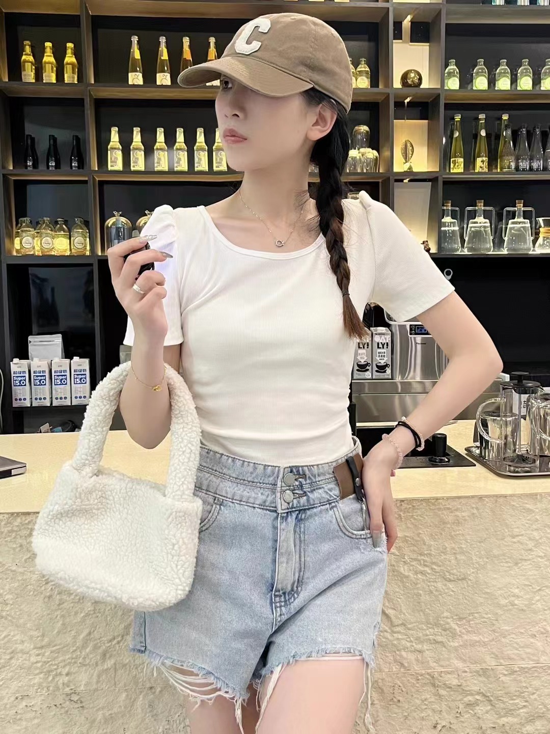 純棉u領短袖T恤女夏季褶皺不規則上衣修身顯瘦短款打底