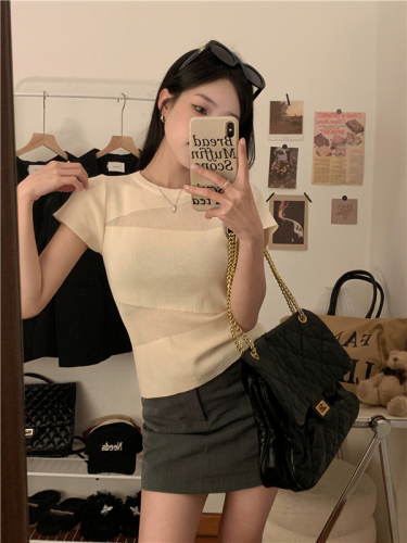 Real shot Hollow knitted short-sleeved T-shirt for women summer new style short slim right shoulder thin top