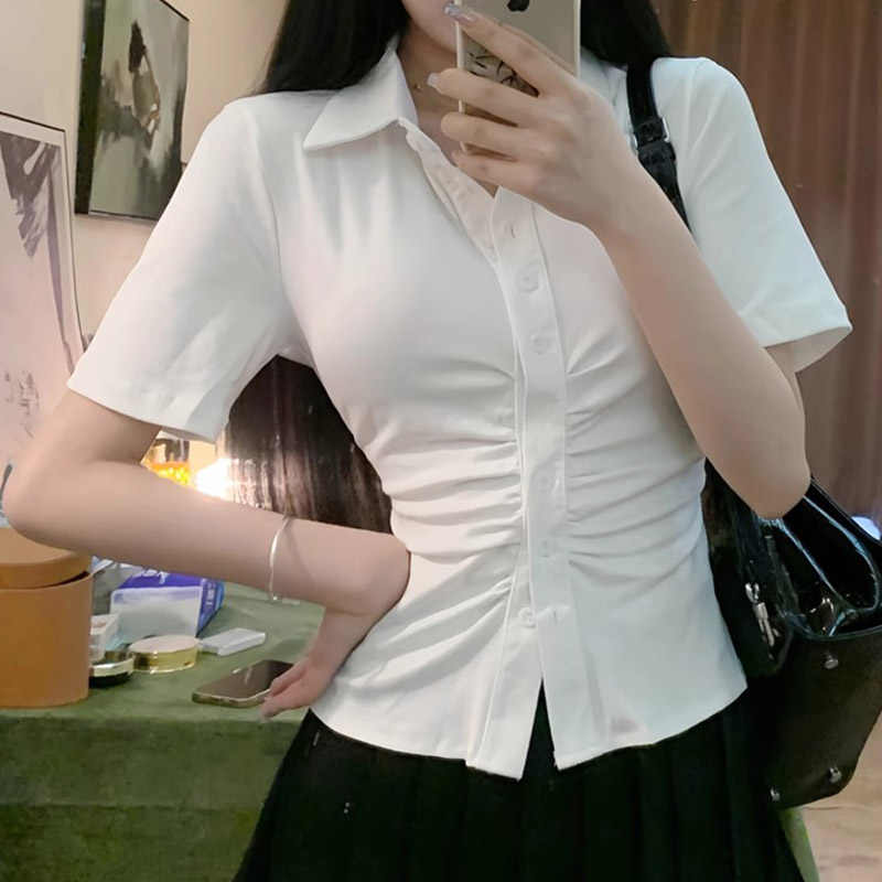 官圖 春夏純欲風收腰襯衫女短袖襯衣設計感顯瘦純色上衣休閒正裝