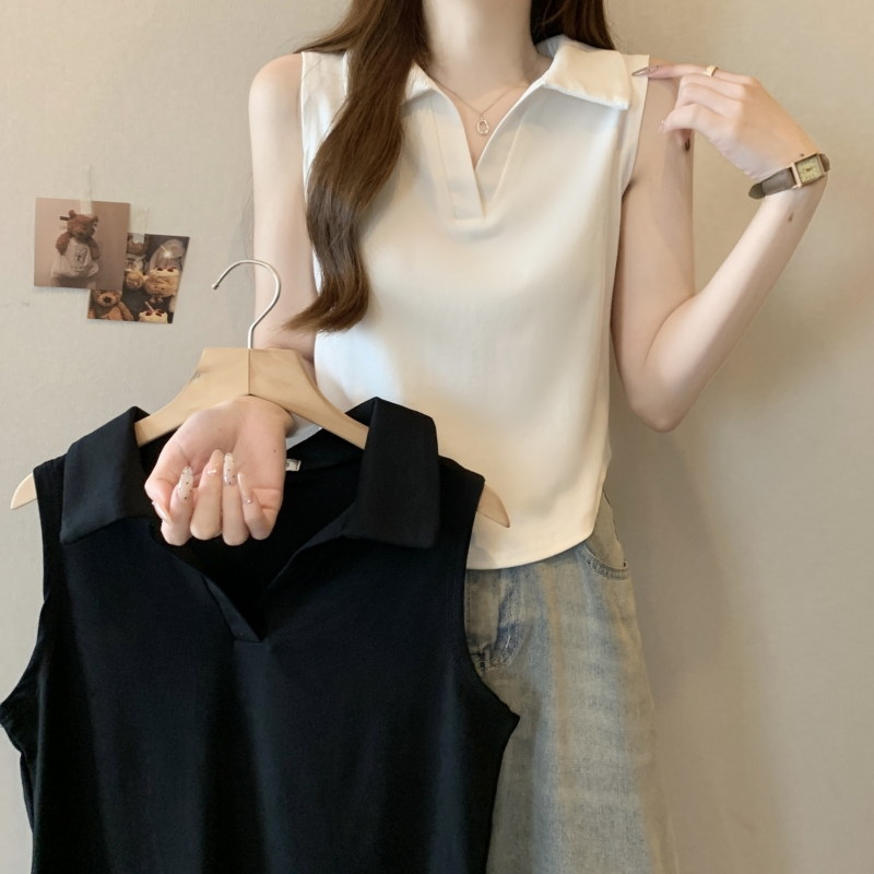 實拍  夏裝polo領背心女無袖上衣修身