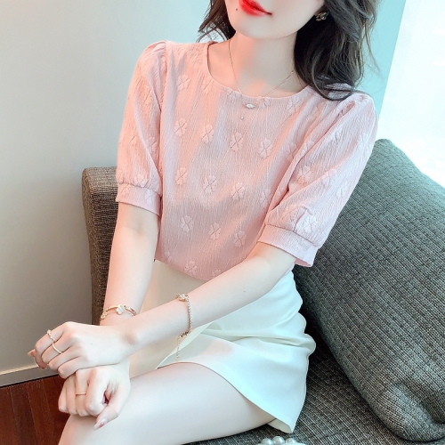 粉色泡泡袖雪纺上衣女2024夏新款韩版别致设计感小众短袖衬衫
