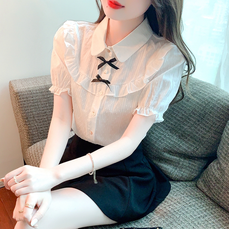 白色襯衫女2024年新款夏季甜美減齡蝴蝶結純棉泡泡袖上衣女