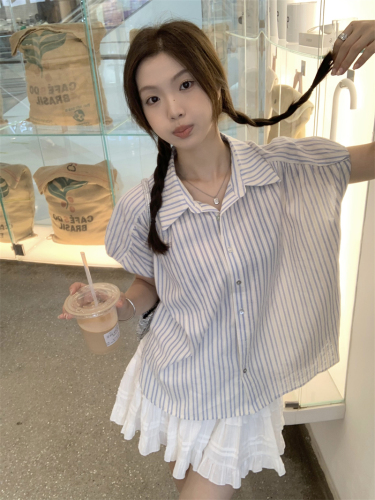 实拍 法式复古条纹飞袖衬衫女夏季韩系宽松显瘦翻领上衣短袖衬衣