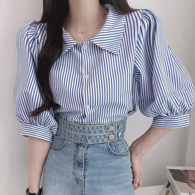 ins復古五分袖條紋襯衫女夏季新款襯衣