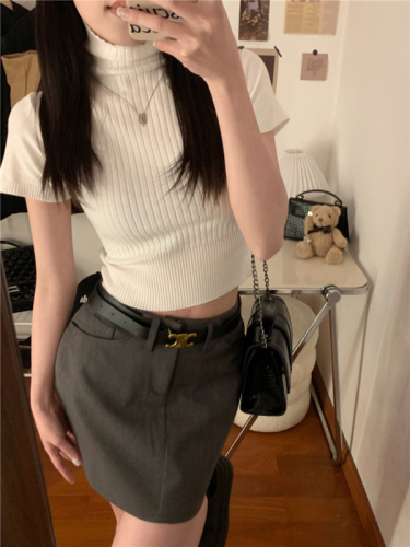 Actual shot of high-neck slim-fitting bottoming sweater for women in early spring, new style inner short-sleeved high-end crop top